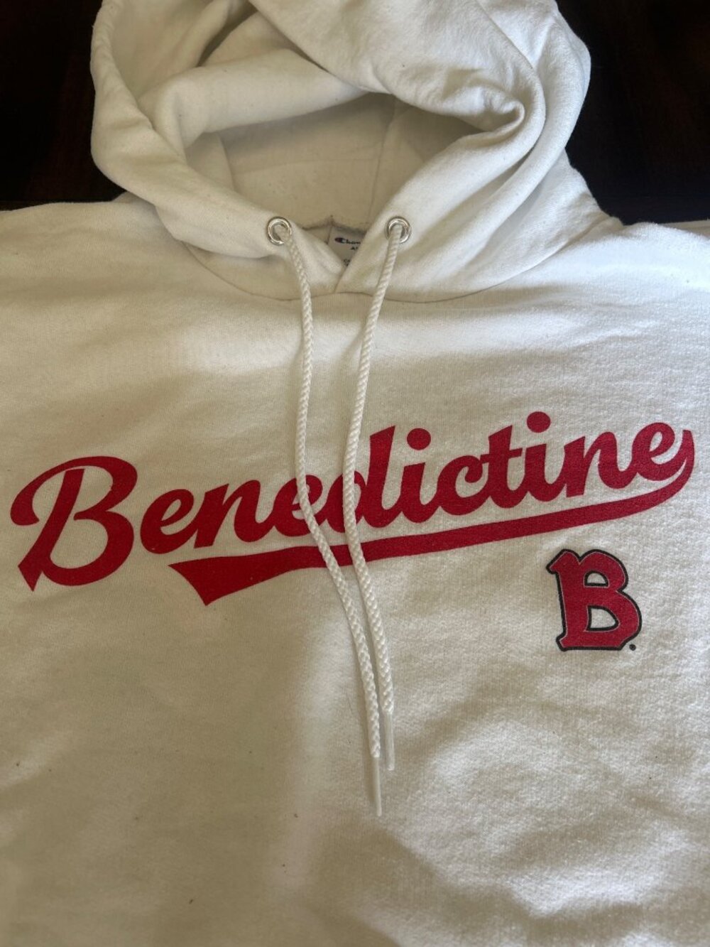 Champion Eco White "Benedictine" Hoodie Medium Red Printed Script Logo Size M - Picture 11 of 11